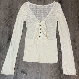 Free People Womens Lace Button-Front Long‎ Sleeve Top Cream Size XS
